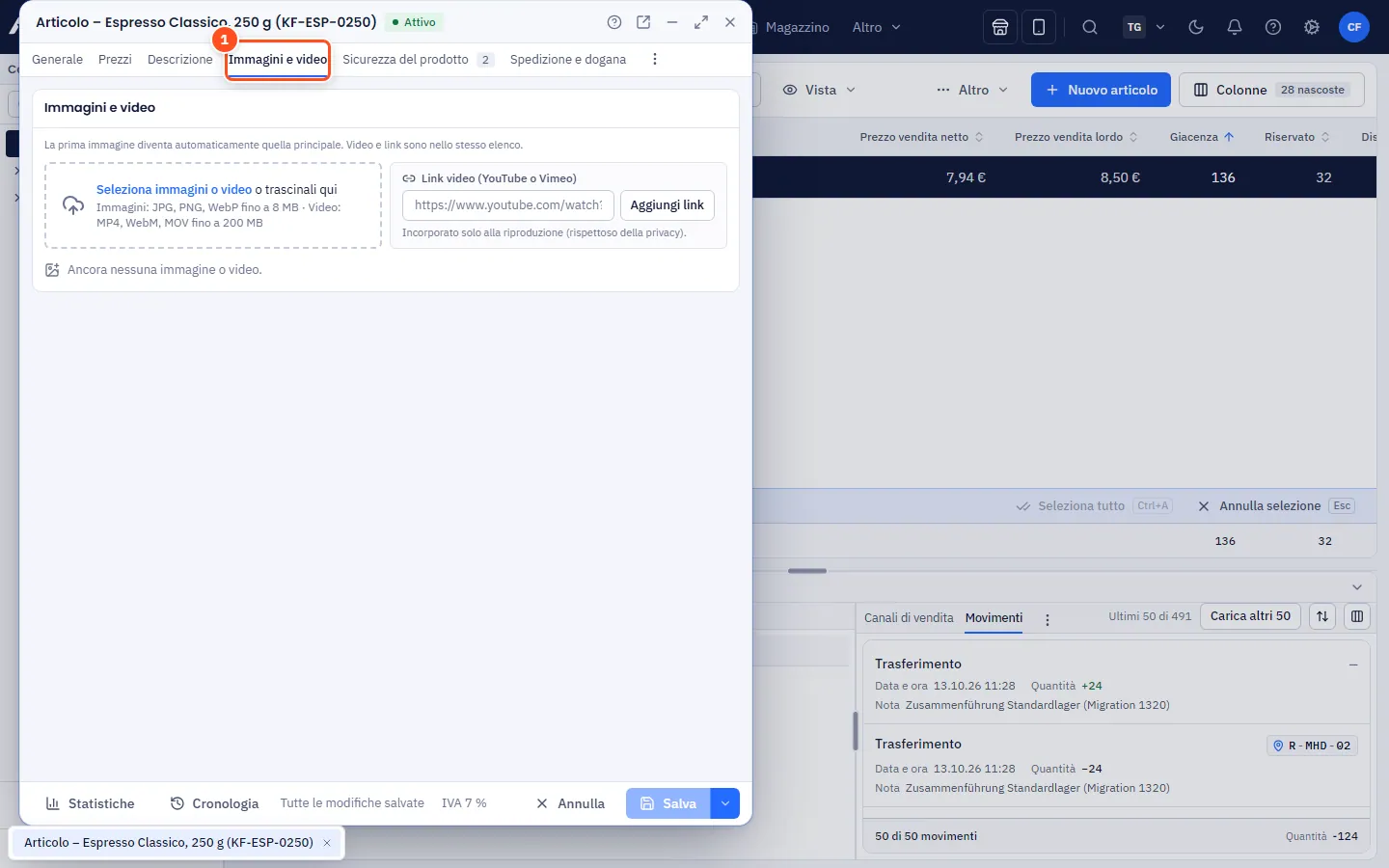 Scheda Immagini e video nella finestra articolo con area di anteprima, riquadri e area di caricamento