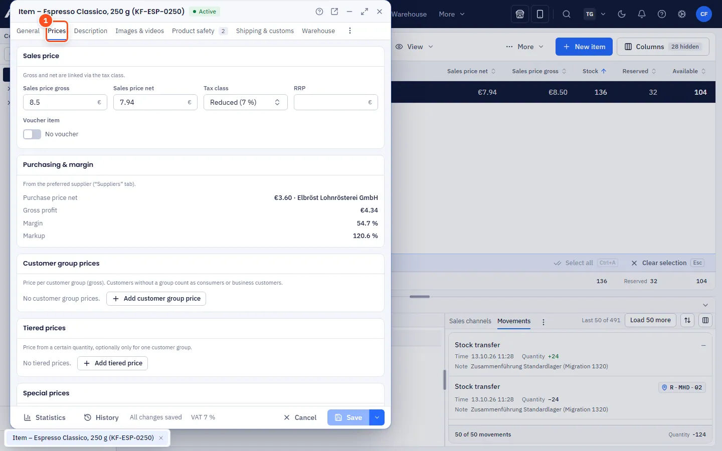 Prices tab in the item window with sales price, purchasing & margin and the price rules