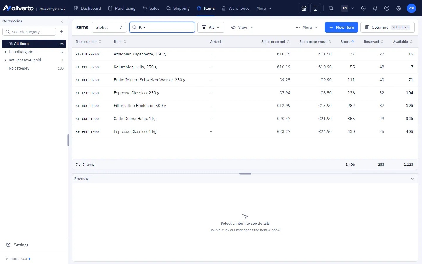 Item overview with the category tree on the left, item list in the middle and detail preview at the bottom