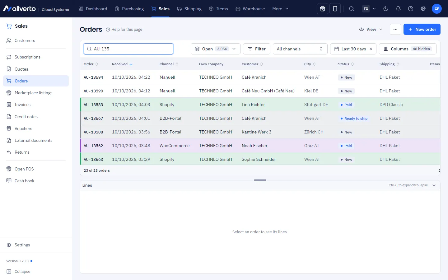Order list with view bar, search and rows coloured by sales channel