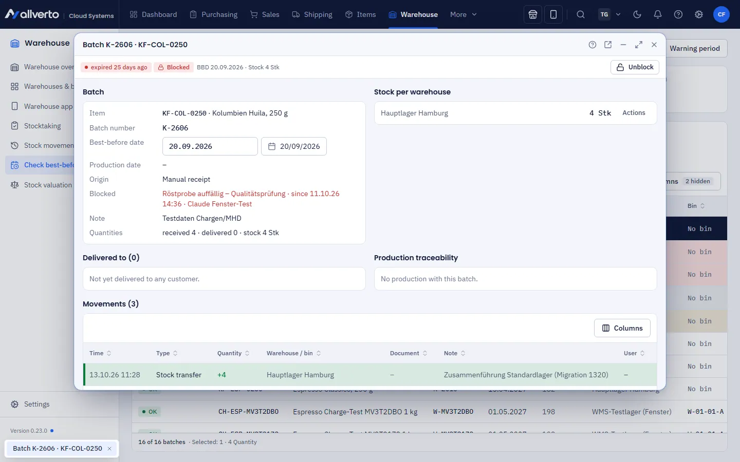 Batch window with origin, stock, movements and supplied customers