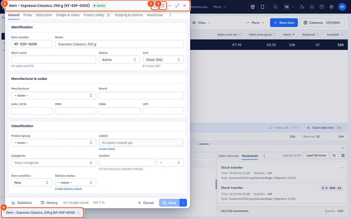 Open item window above the item overview with title bar, tabs and window bar at the bottom