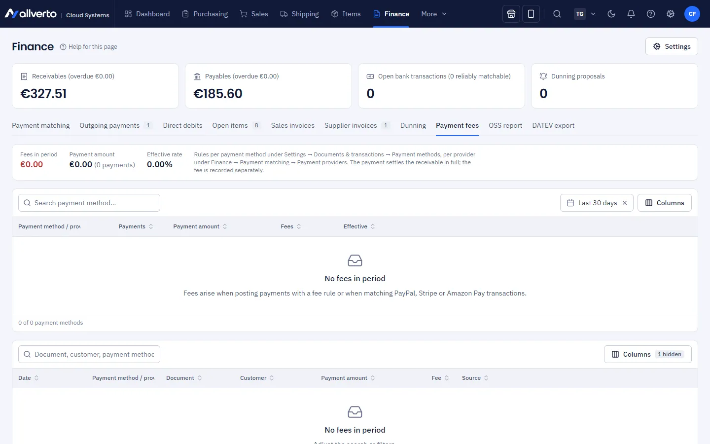 Finance, Payment fees tab