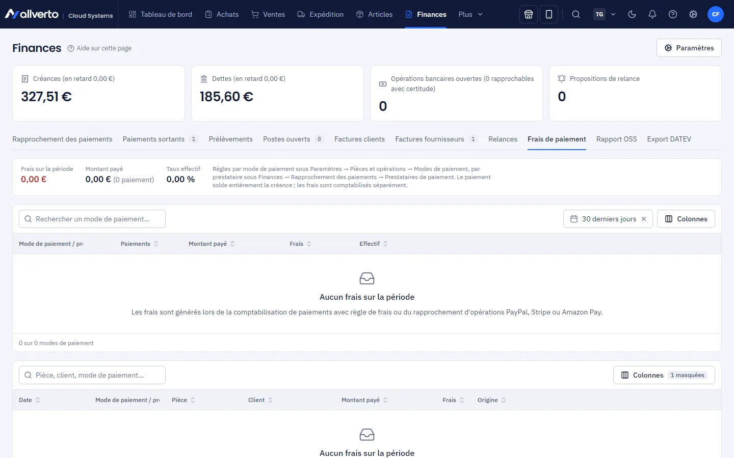 Finances, onglet Frais de paiement