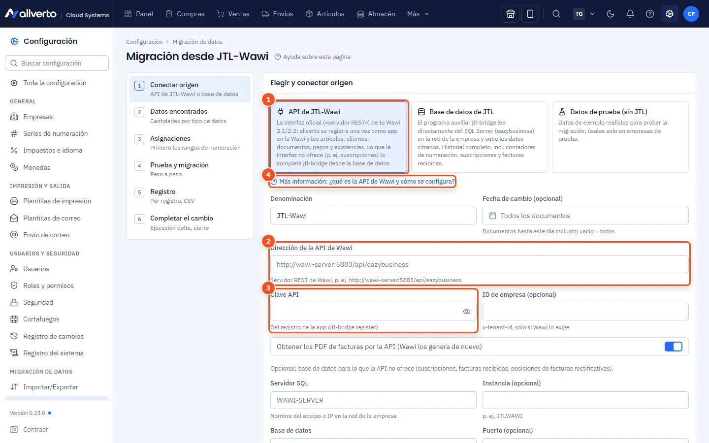 Primer paso del asistente de migración con el origen «API de JTL-Wawi» seleccionado: dirección de la API de Wawi, clave API e ID de empresa