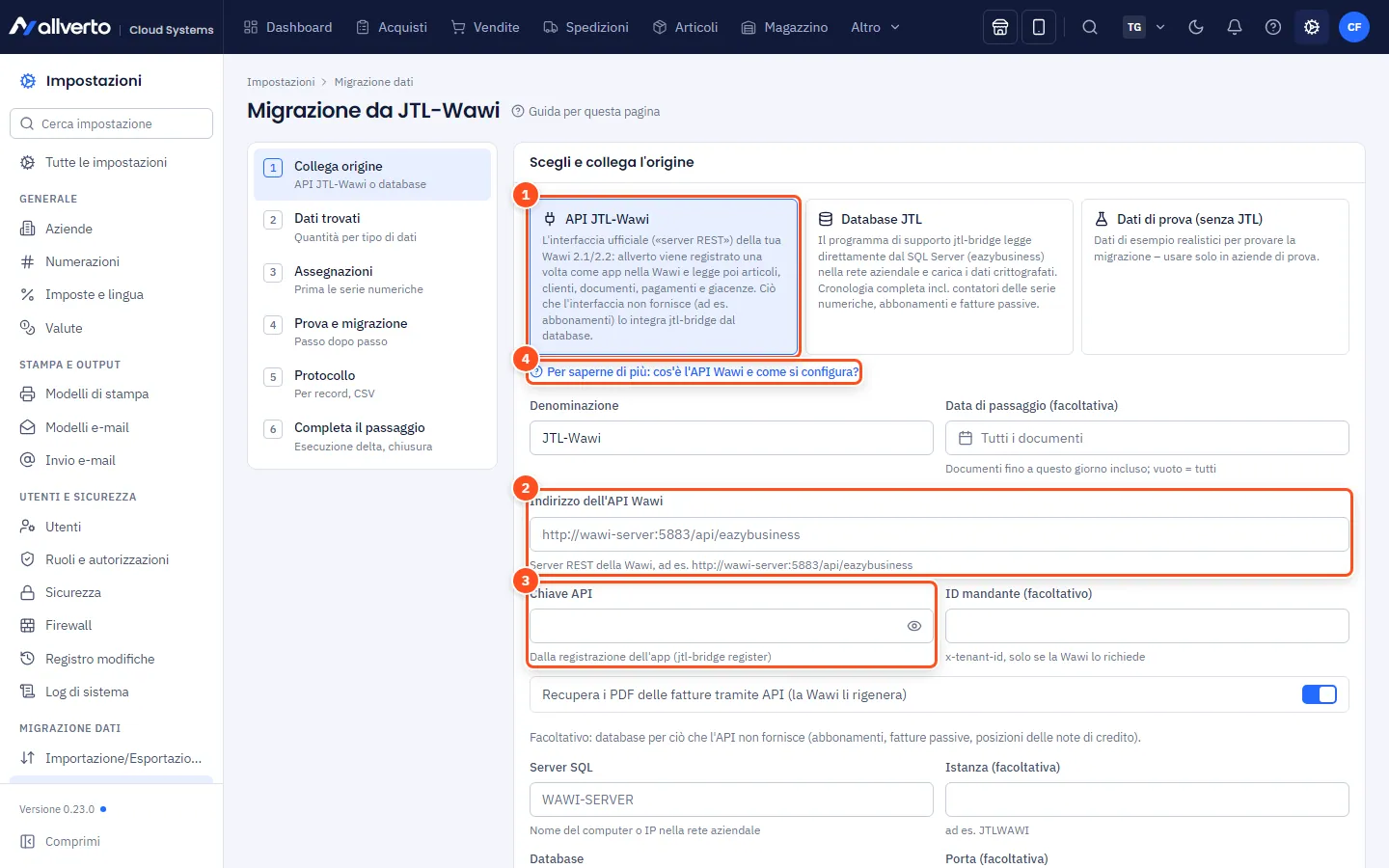 Primo passo della procedura guidata di migrazione con l'origine «API JTL-Wawi» selezionata: indirizzo dell'API Wawi, chiave API e ID mandante