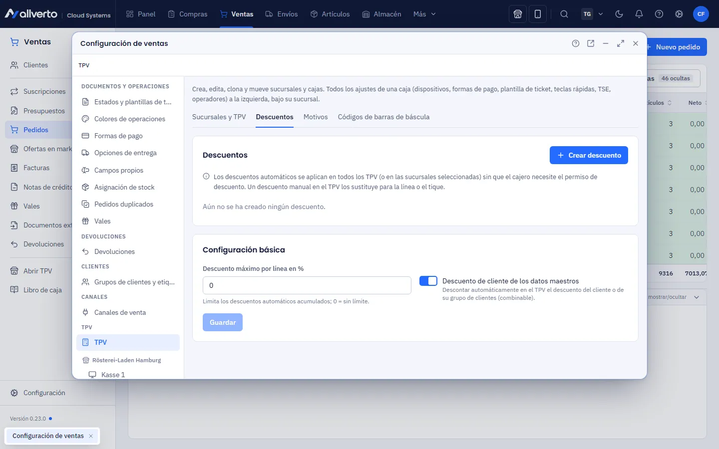 Configuración del TPV, pestaña Descuentos con la configuración básica