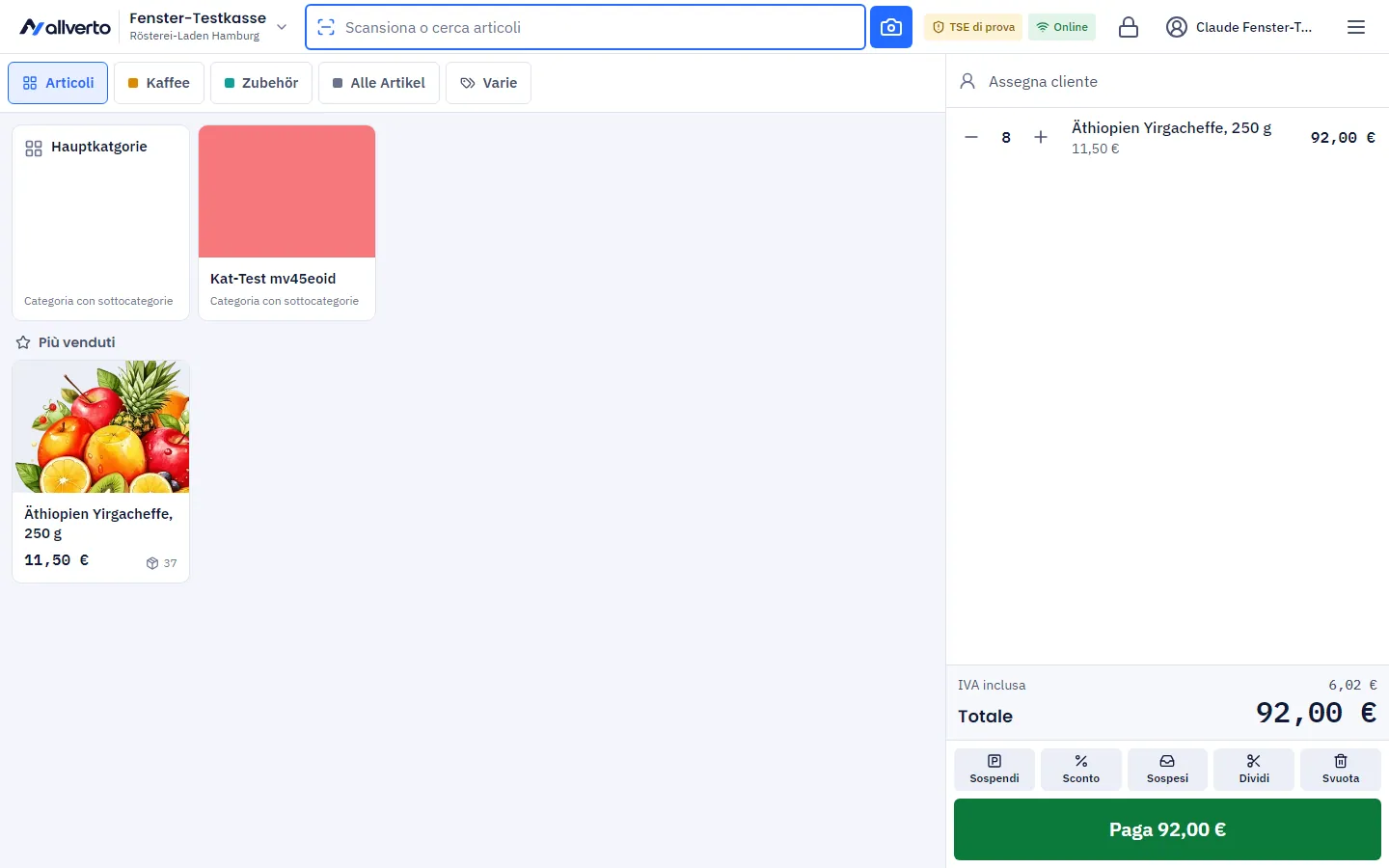Schermata della cassa con categorie, Più venduti e carrello