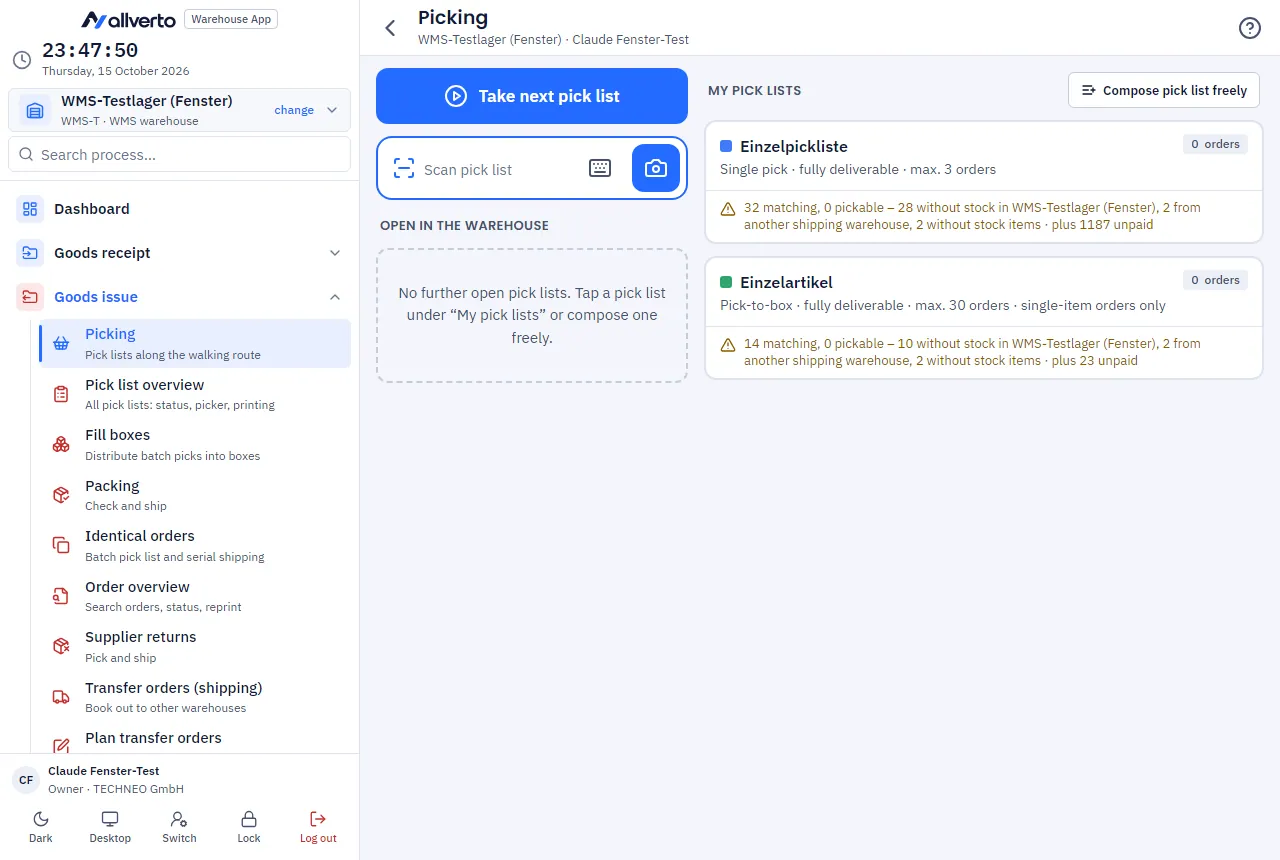 Pick lists with status and progress