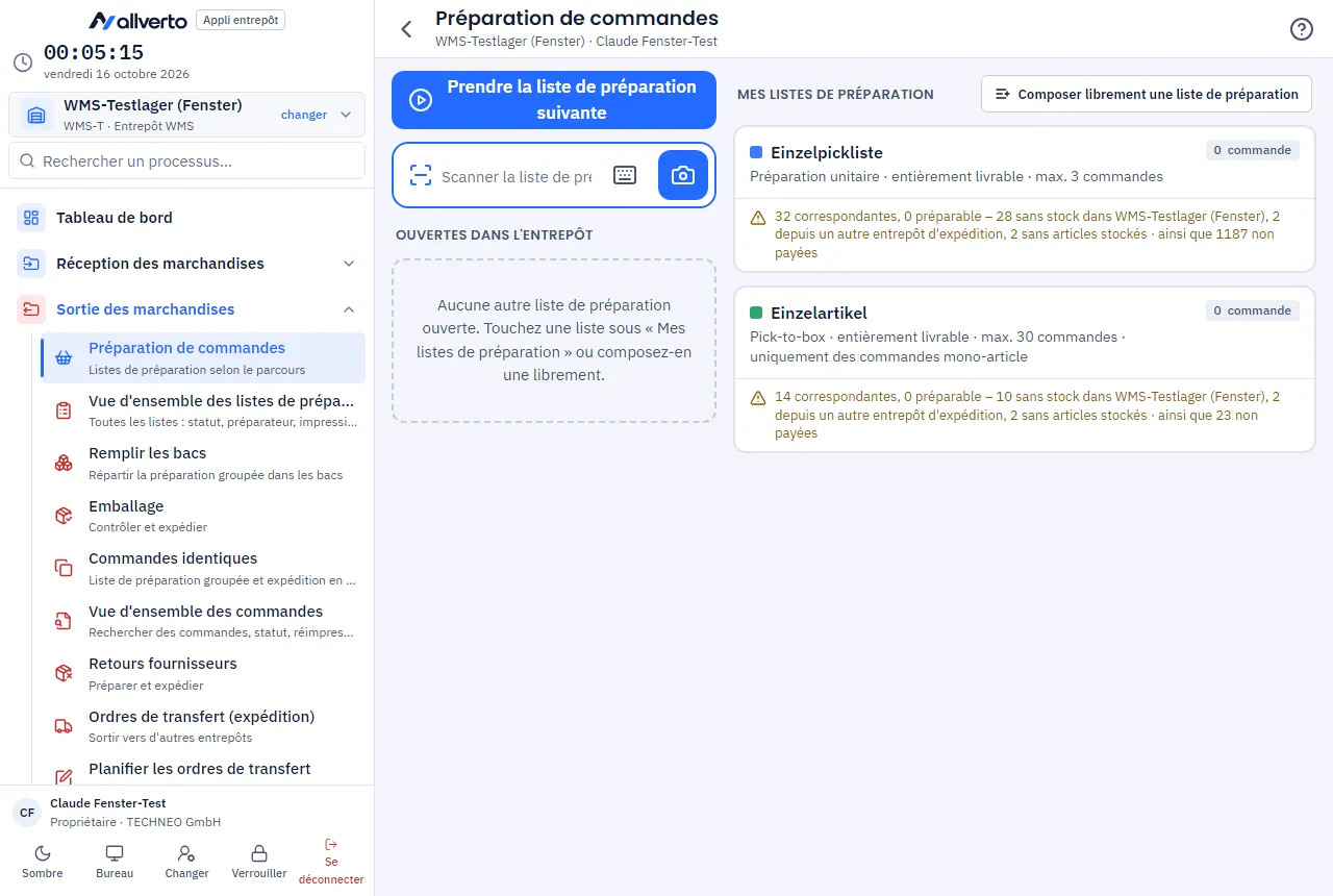 Listes de préparation avec statut et progression