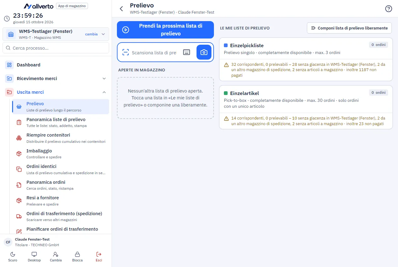 Liste di prelievo con stato e avanzamento