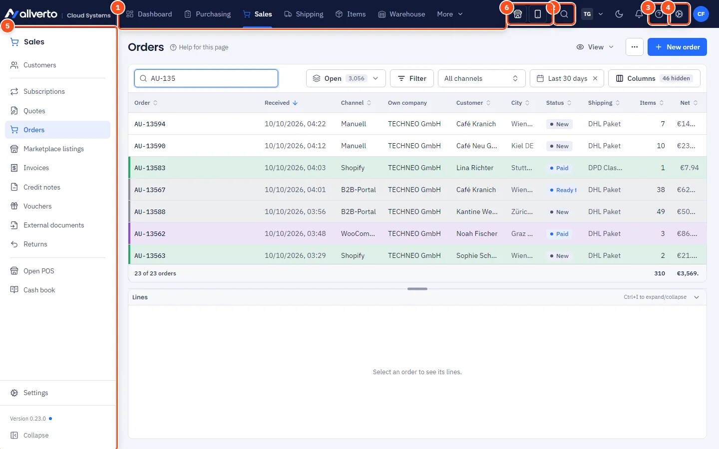 allverto with the order list: the dark header with the areas at the top, the pages of the Sales area on the left