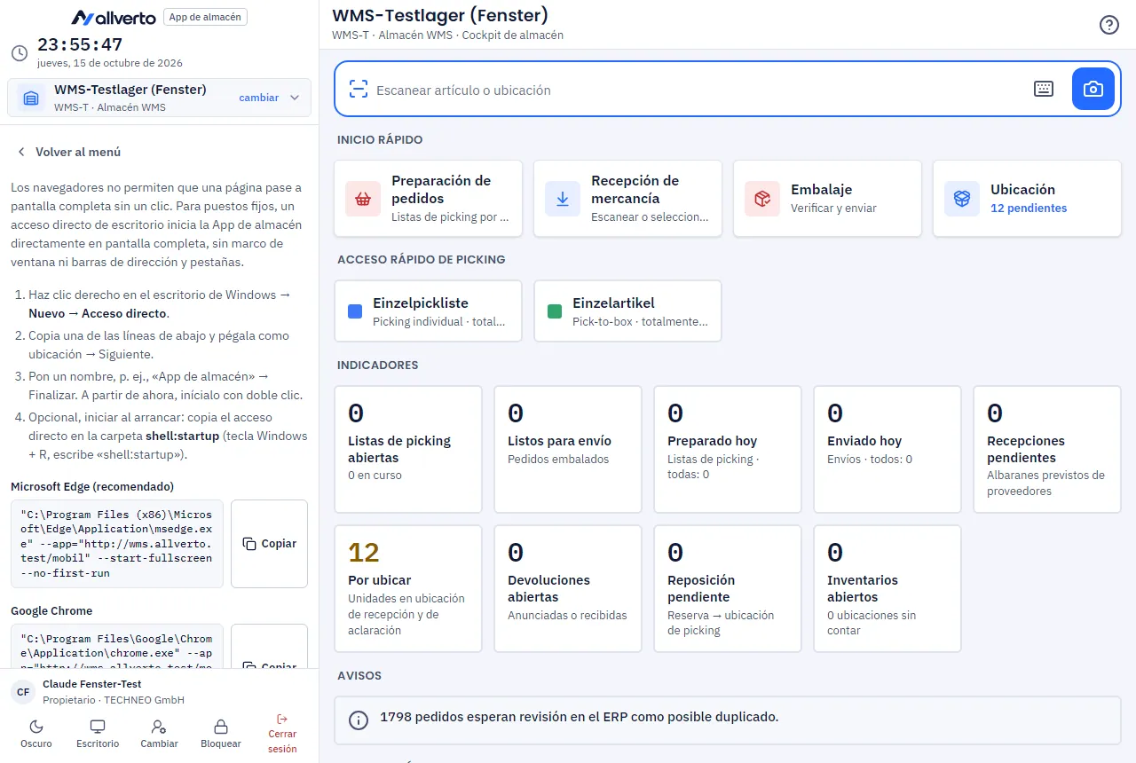 Menú lateral de la app de almacén con las instrucciones del acceso directo a pantalla completa