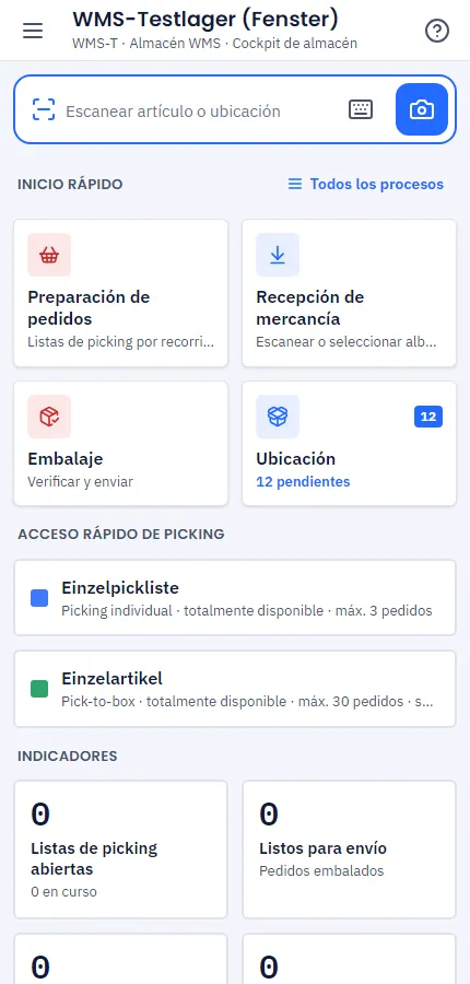 Pantalla de inicio de la app de almacén con mosaicos