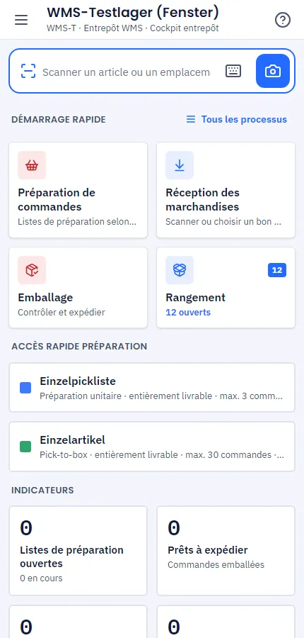 Écran d'accueil de l'application entrepôt avec tuiles