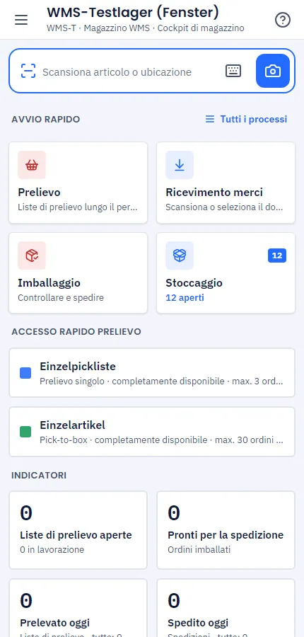 Schermata iniziale dell'app di magazzino con riquadri
