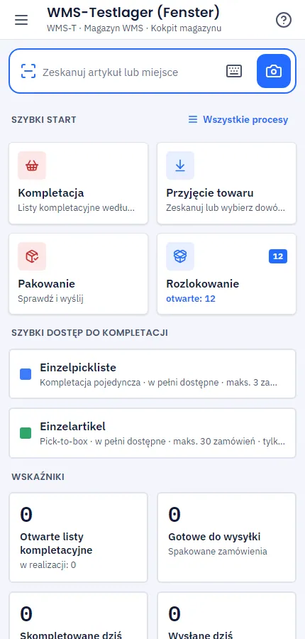 Ekran startowy aplikacji magazynowej z kafelkami