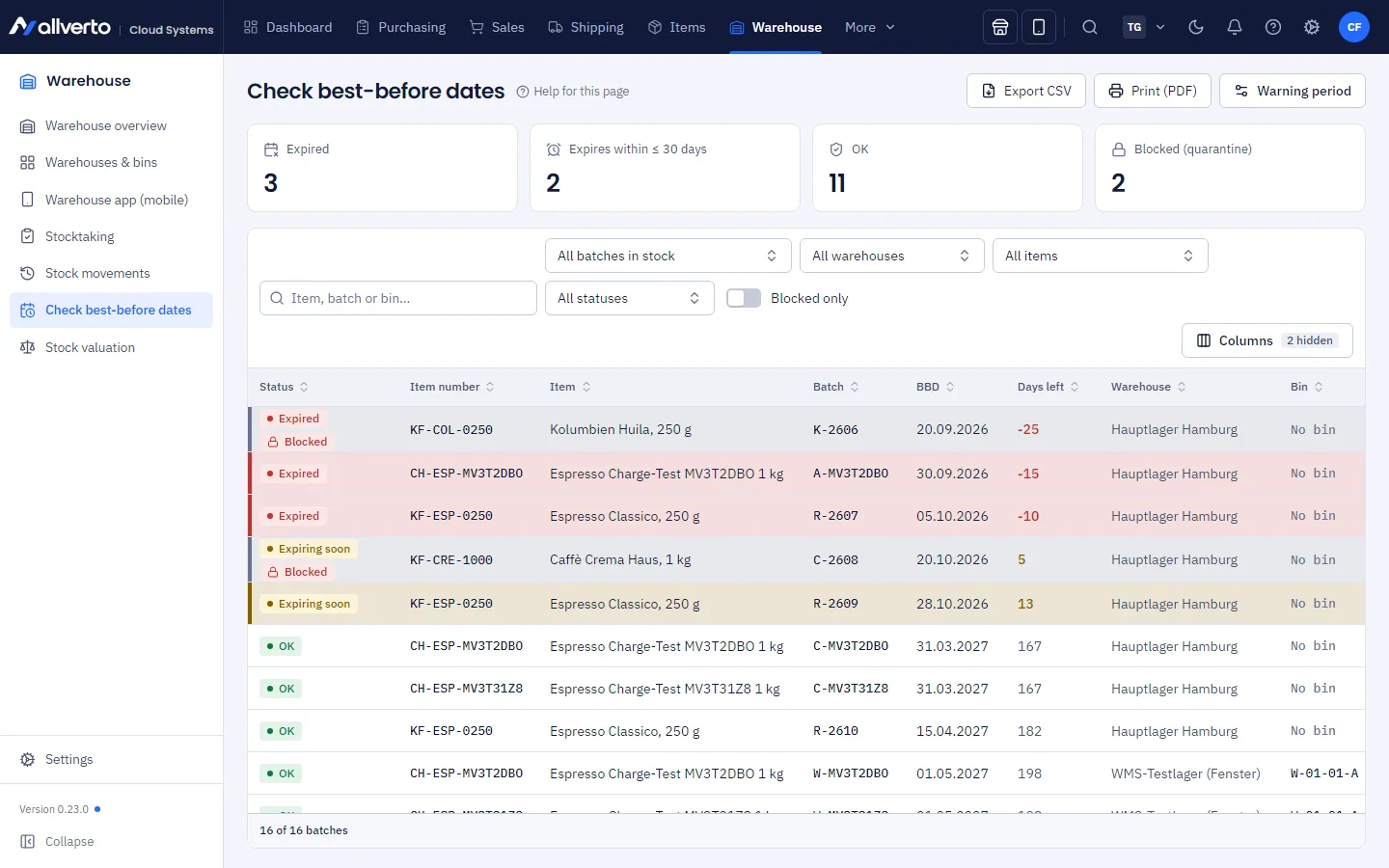 Check best-before dates page with filters and batch list