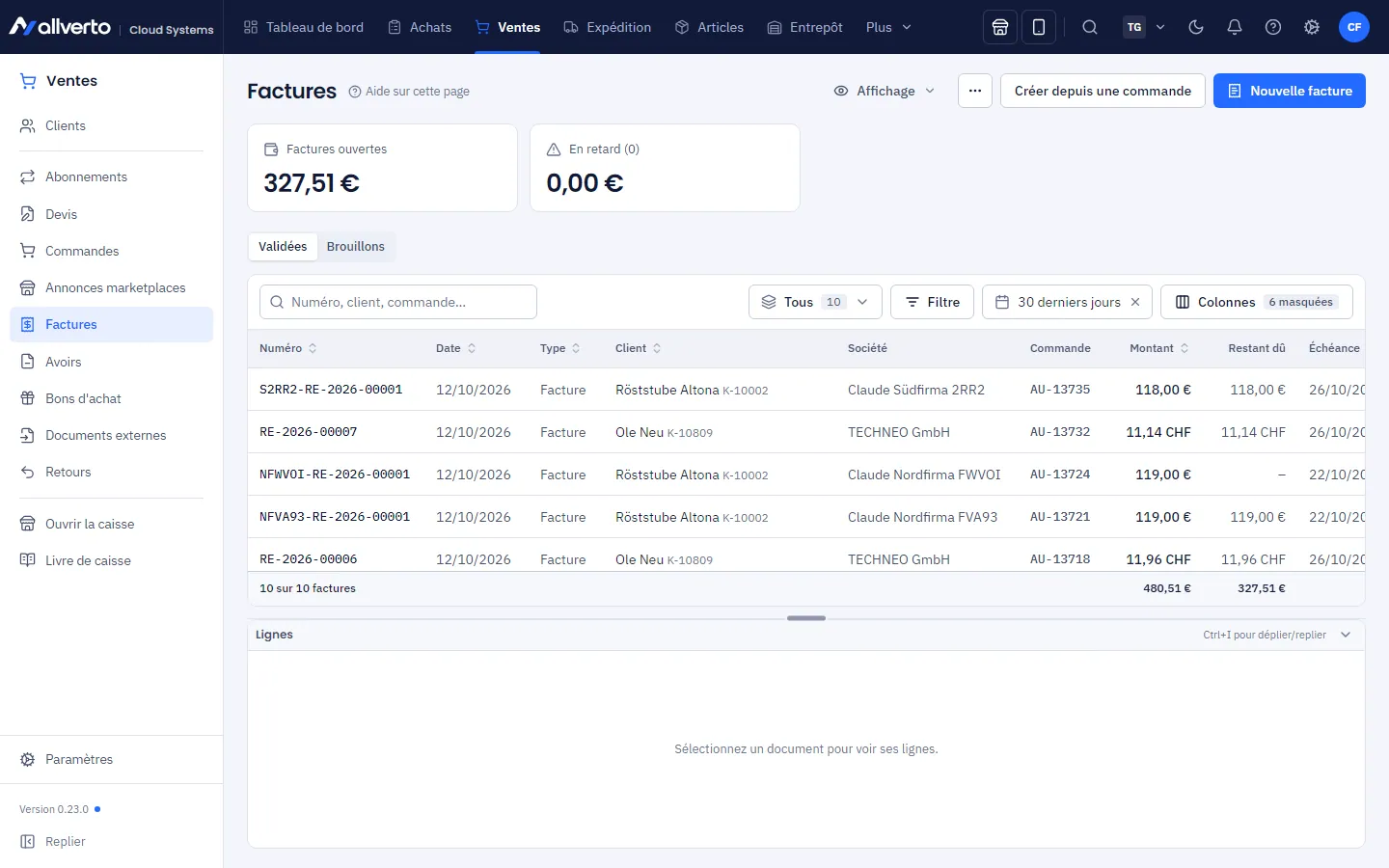 Liste des factures avec indicateurs sur les factures ouvertes et en retard