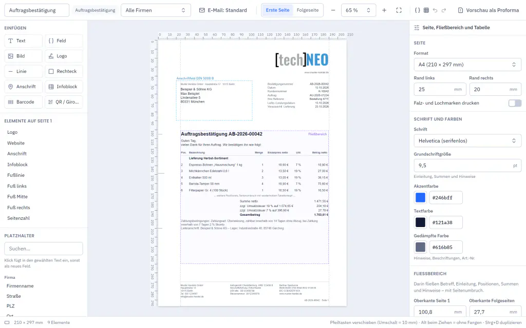 Druckvorlagen-Editor mit einer Auftragsbestätigung