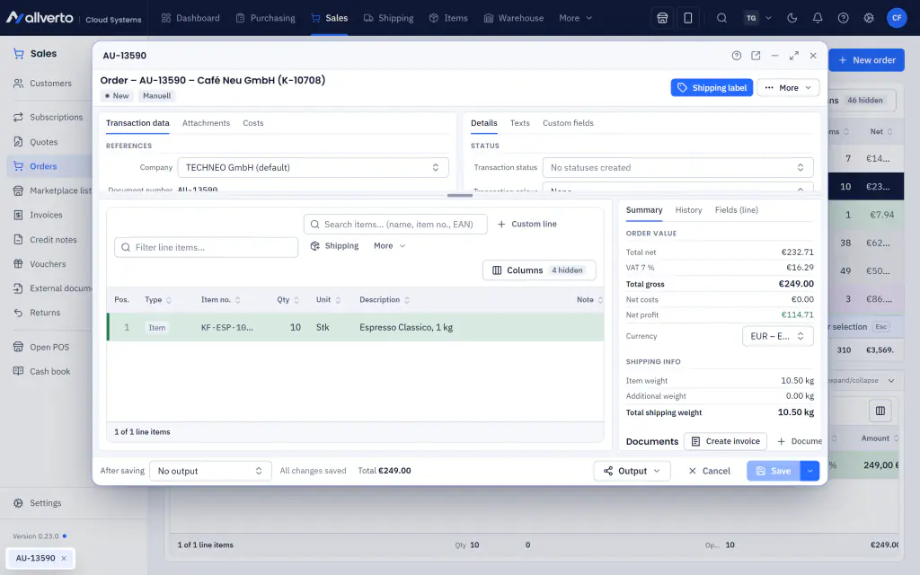 Order as a window with line items, summary, shipping info and documents