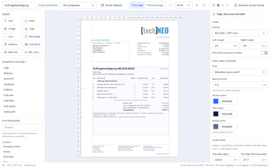 Print template editor showing an order confirmation