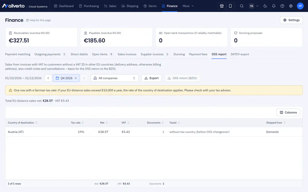 Finance with receivables, payables and OSS report per country of destination
