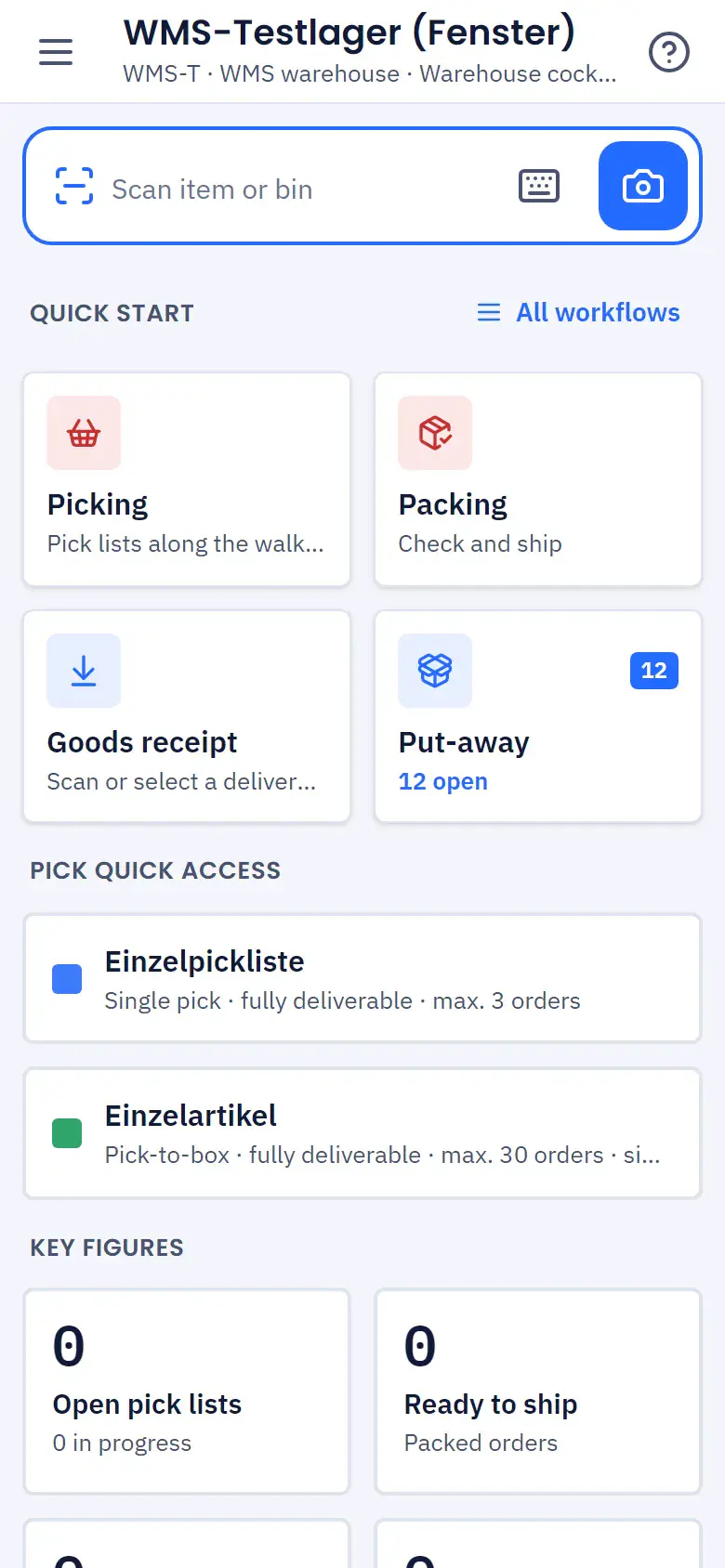Mobile warehouse app on a smartphone with tiles for goods receipt, put-away, picking and packing