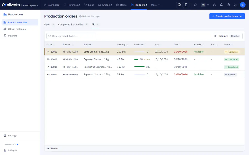 Production orders with progress, due date, material and status