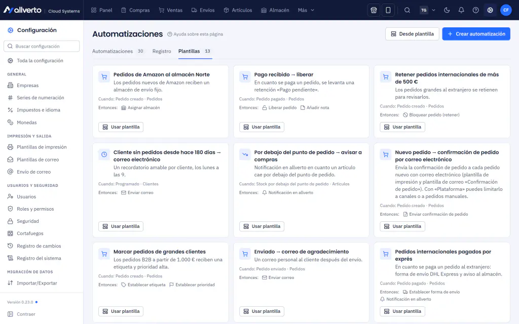 Plantillas de automatización con disparador y acciones