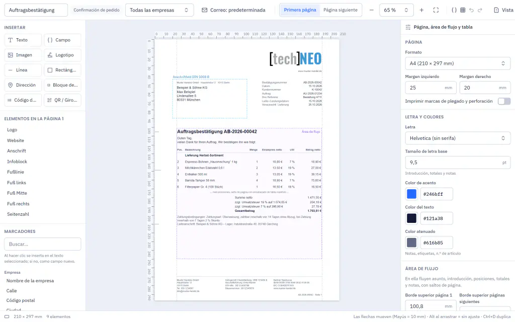Editor de plantillas de impresión con una confirmación de pedido