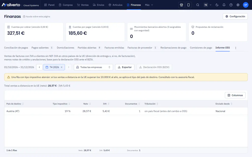 Finanzas con cuentas a cobrar, cuentas a pagar e informe OSS por país de destino