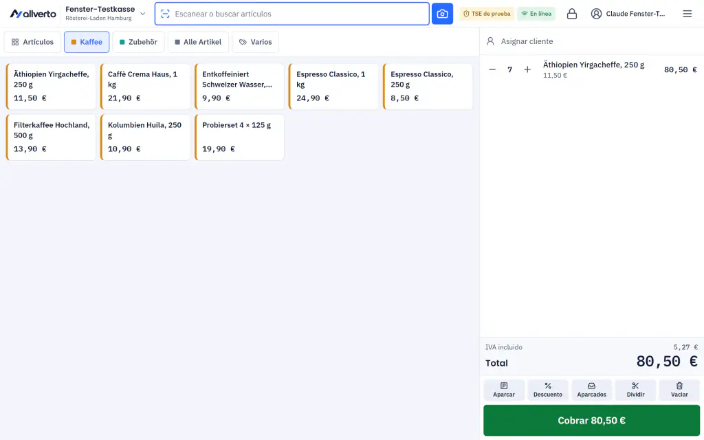 Punto de venta con teclas rápidas para café y accesorios y un ticket