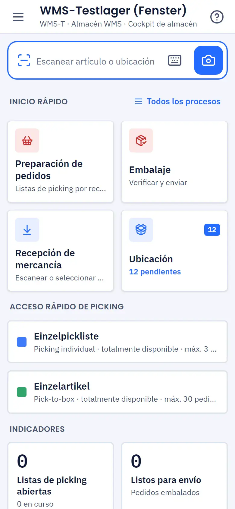 App de almacén móvil en un smartphone con mosaicos para entrada de mercancía, ubicación, picking y embalaje