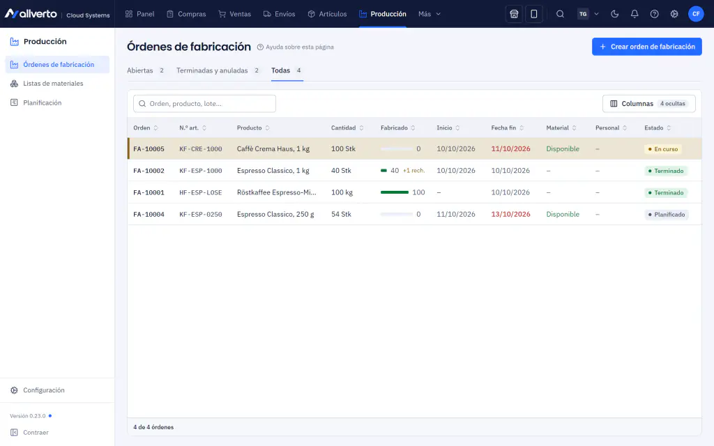 Órdenes de fabricación con progreso, fecha, material y estado