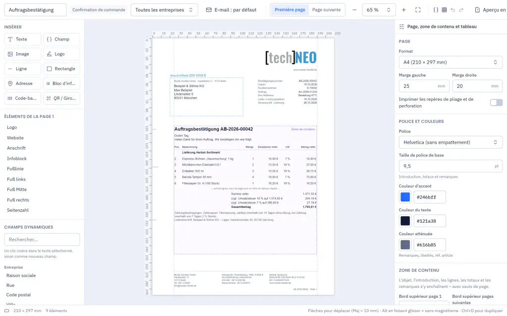 Éditeur de modèles d’impression avec une confirmation de commande