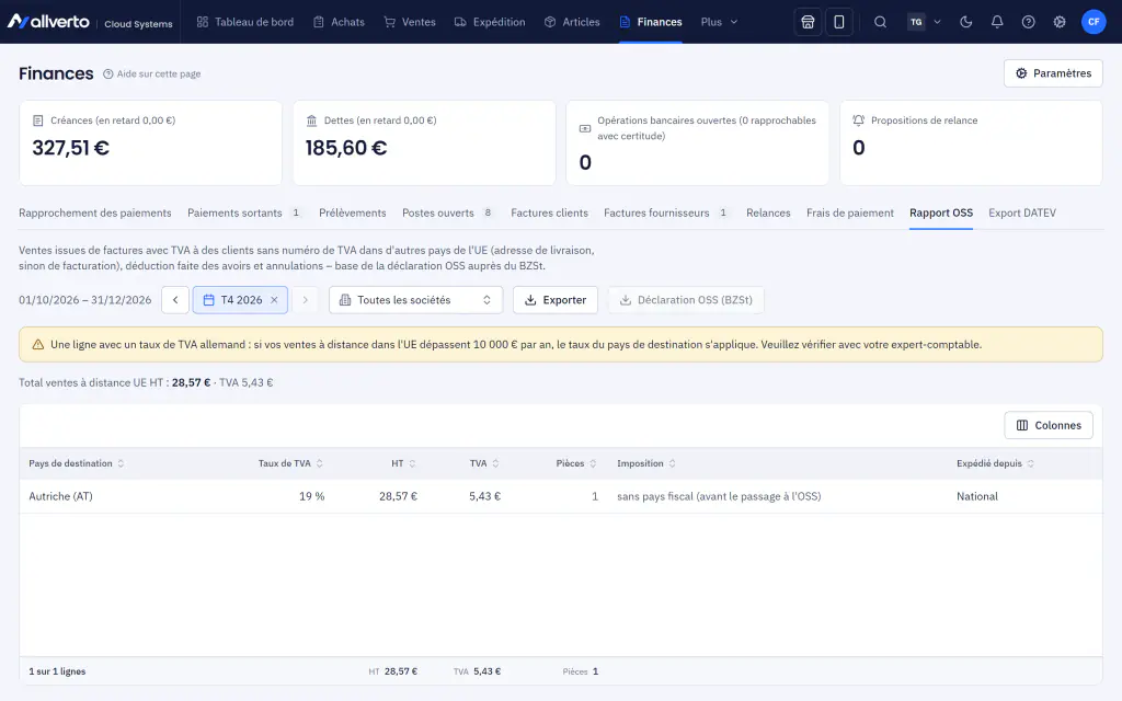 Finances avec créances, dettes et analyse OSS par pays de destination