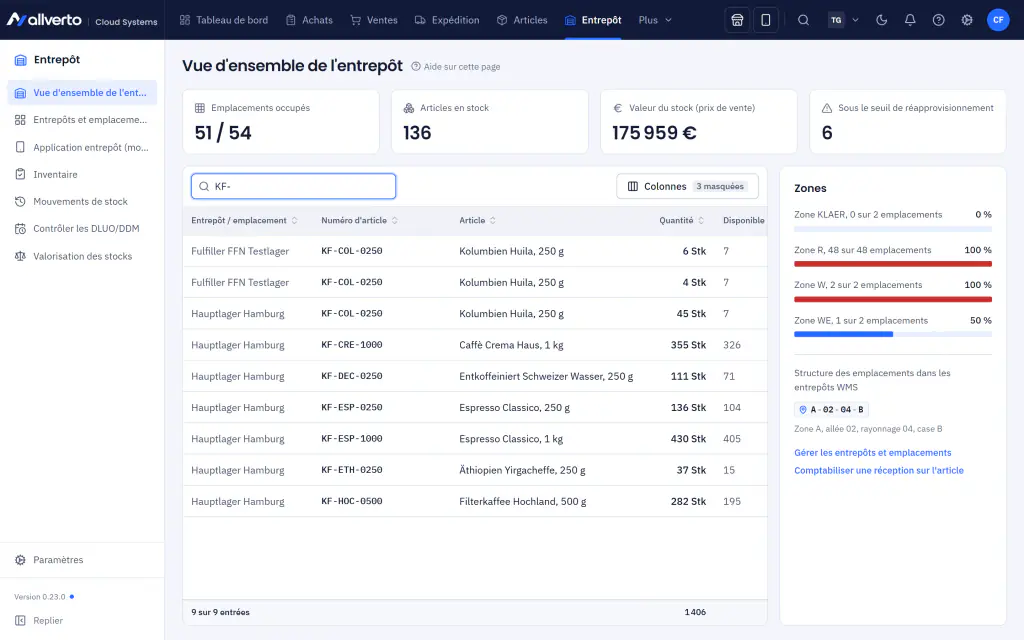 Vue de l’entrepôt avec stocks par entrepôt, indicateurs et zones