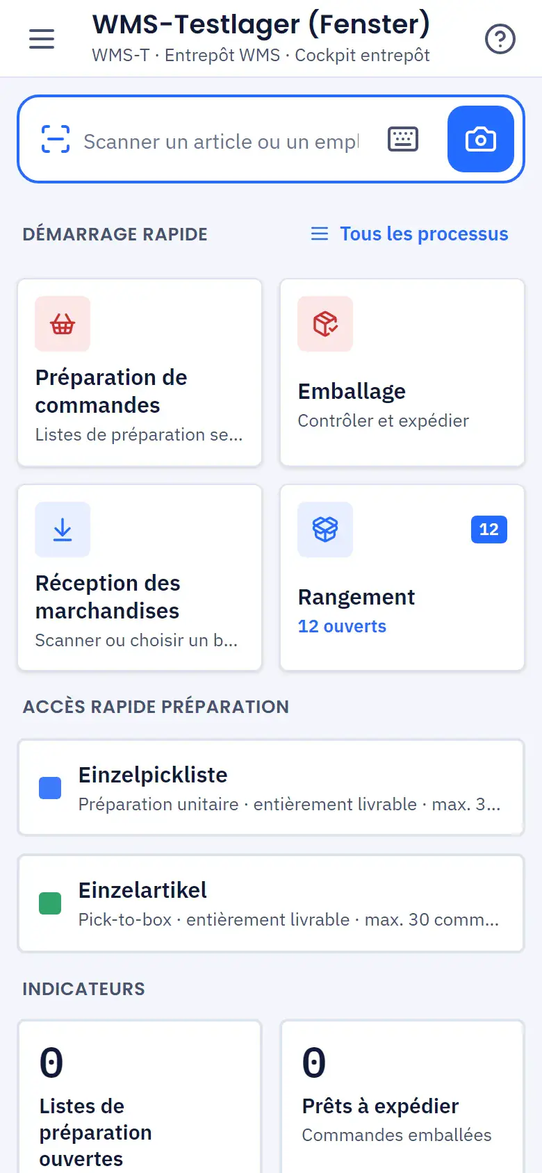 Application d’entrepôt mobile sur smartphone avec des tuiles pour la réception, le rangement, la préparation et l’emballage