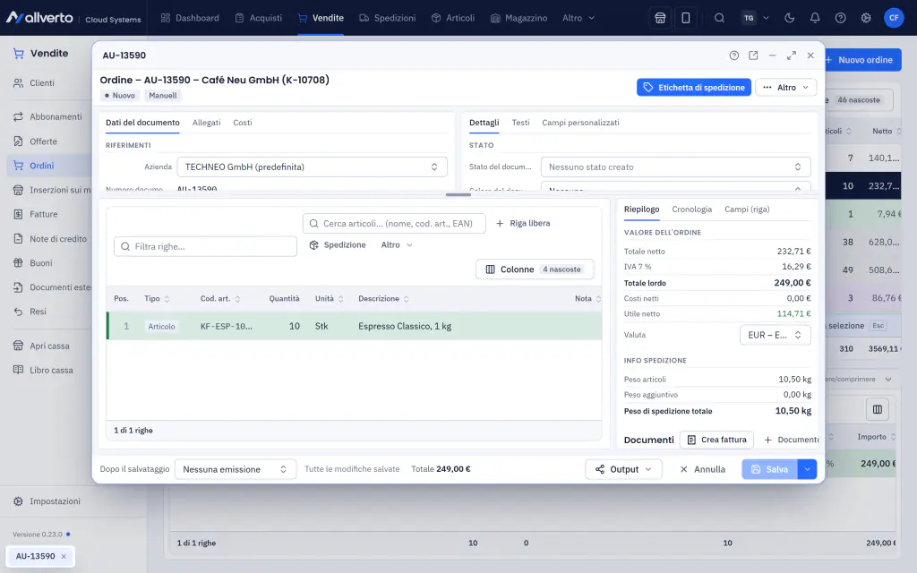 Ordine in una finestra con righe, riepilogo, dati di spedizione e documenti