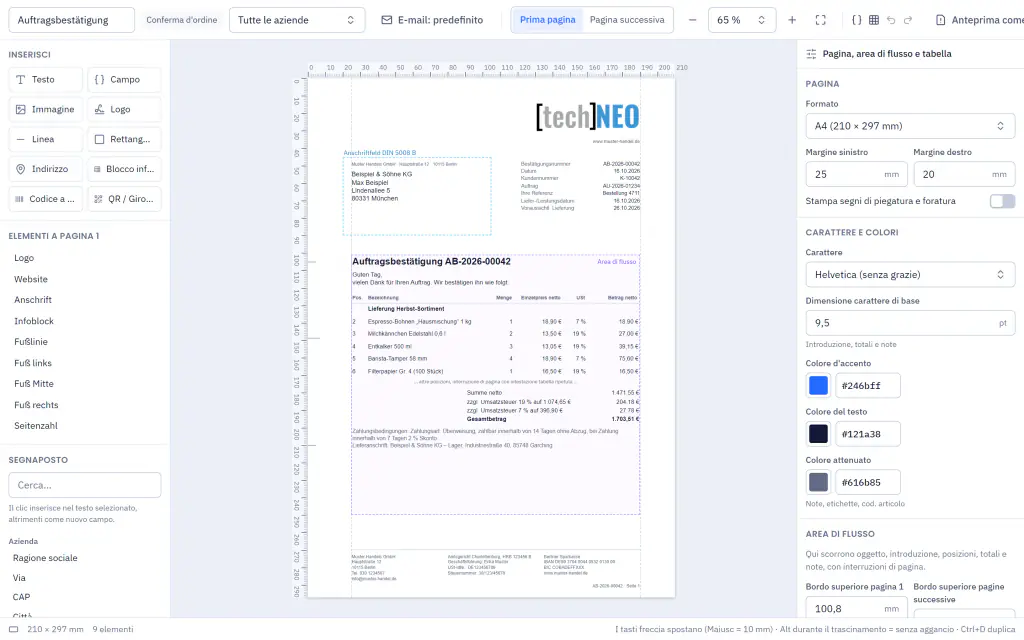 Editor dei modelli di stampa con una conferma d’ordine