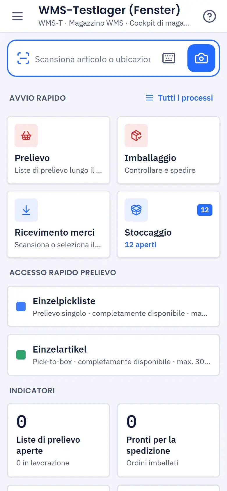 App di magazzino su smartphone con riquadri per entrata merci, stoccaggio, prelievo e imballaggio