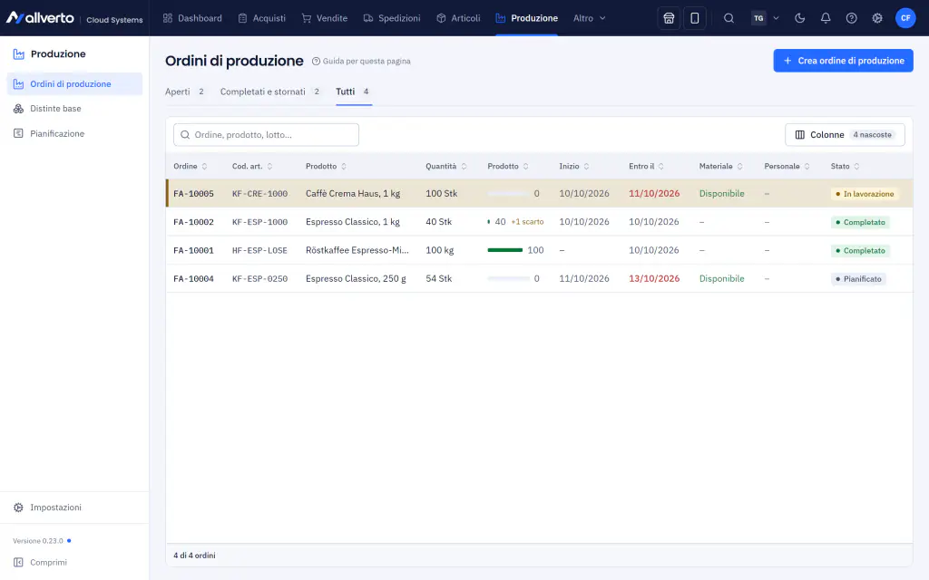 Ordini di produzione con avanzamento, data, materiale e stato