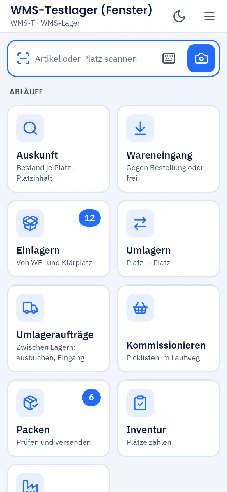 Mobile Lager-App auf dem Smartphone mit Kacheln für Wareneingang, Einlagern, Kommissionieren und Packen