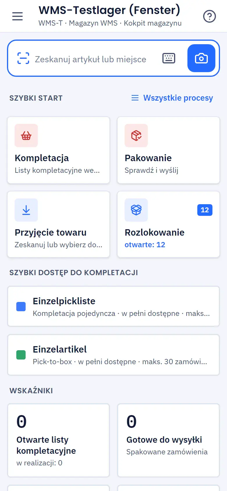 Mobilna aplikacja magazynowa na smartfonie z kafelkami przyjęcia towaru, rozlokowania, kompletacji i pakowania